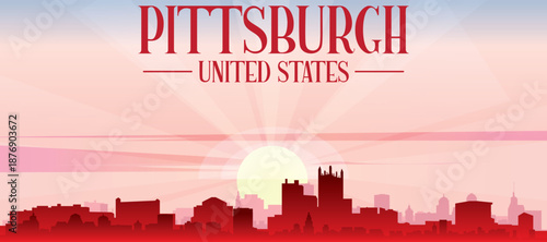 Photos Red panoramic poster of the city skyline with misty background buildings, sunris