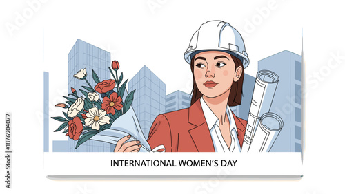 International Women's Day greeting card featuring female architect in hard hat holding flower bouquet and blueprints against city buildings background, gender equality in profession, flat style vector