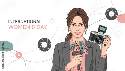 Professional Female Photographer Celebrating International Women’s Day with Camera and Floral Symbol, Creative Career Empowerment Illustration in Clean Editorial Vector Style