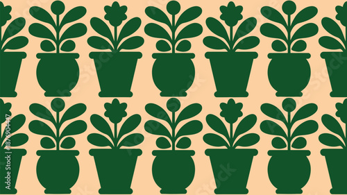 Vibrant green potted plants on a soft peach background pattern