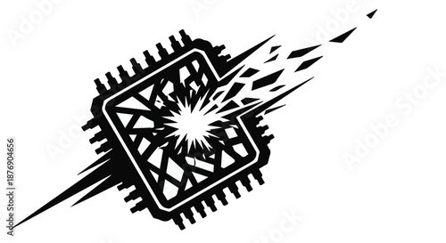 Futuristic microchip exploding with digital energy and data streams