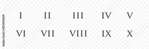 Roman numerals. Numbers from one to twelve. Typography set. Roman numeral vector set with antique Latin digits and vintage typography symbols. Classic decorative number collection on transparent bg.