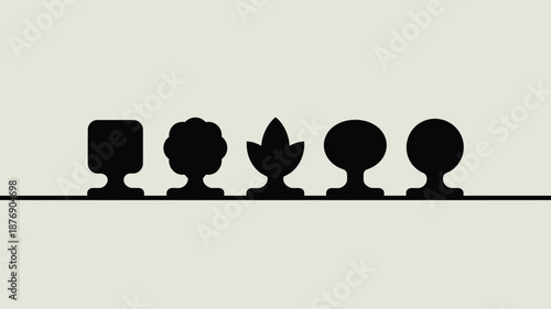 Five distinct black silhouettes on a shelf in a row