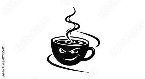 Steaming cup of coffee with a mischievous face, evoking a bold morning energy