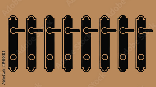 Set of eight black door handles on brown background