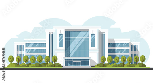 Large modern commercial or medical building with glass facades and a neat landscape of green trees in front of it.