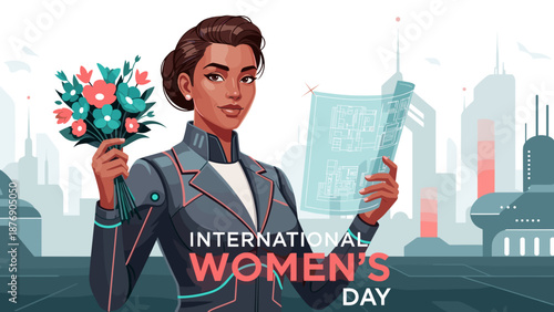 International Women’s Day confident business leader holding flowers and document against modern city skyline flat style