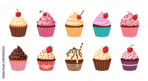 Large set of ten delicious cupcakes with various colorful frostings and toppings like strawberries cherries and chocolate sauce.