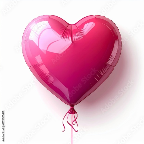 Heart Shaped Mylar Balloon in Shiny Pink with Ribbon on White Background