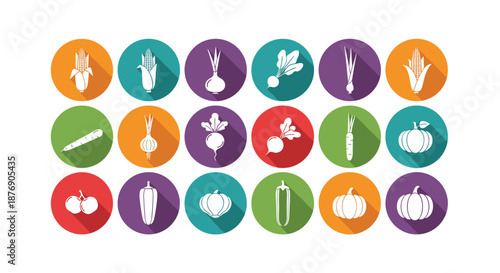 Collection of vegetable icons in various colors featuring corn onion beet carrot radish pumpkin and peppers in a flat design style.