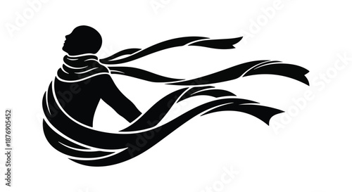 Silhouette of a person with flowing scarf against a stark white background, symbolizing freedom and movement.