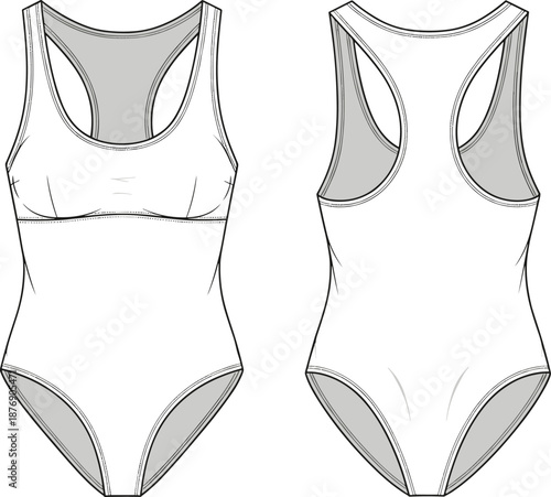 Women’s sports bodysuit technical fashion flat sketch with front and back view, racerback one piece swimsuit outline template for activewear, isolated on white background.
