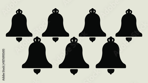Set of seven black bells on gray background for notifications