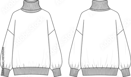 Women’s oversized turtleneck sweater technical fashion flat sketch with front and back view, long sleeve knit pullover outline template, isolated on white background.