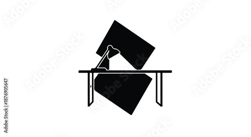 Minimalist illustration of a desk with a lamp and two cubes on a white background.