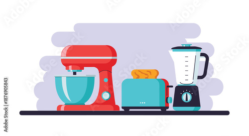 Modern kitchen appliance set featuring a red stand mixer a blue toaster and a blue blender against a soft purple background.
