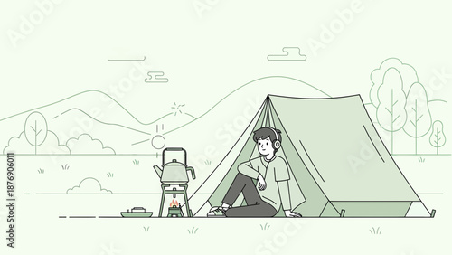 Man Enjoying Music And Tea While Camping In Nature Outdoors Adventure