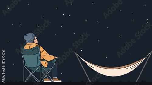 Man Enjoying Night Sky Camping And Relaxing Outdoor Under Stars Vector Illustration