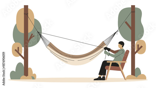 Man Installing Hammock Between Trees In Nature Relaxation Scene Illustration