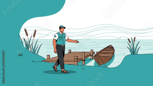 Man Inviting To Tranquil Lakeside Scene With Boat And Dock Illustration