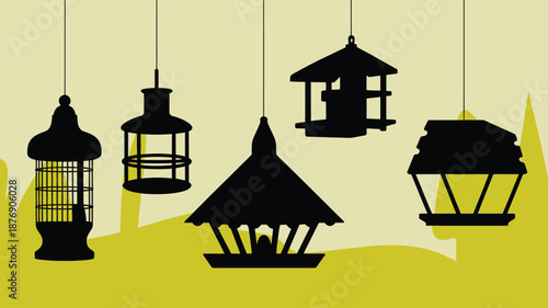 Silhouettes of hanging lanterns in various styles against yellow background