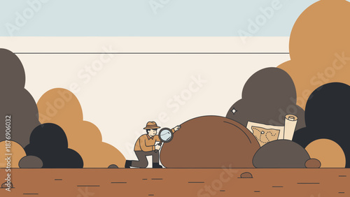 Man Investigating Treasure Map With Magnifying Glass In Cartoonish Landscape