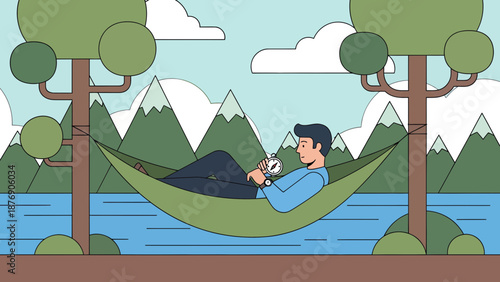 Man Enjoying Nature Relaxation In Hammock Between Trees With Mountain View