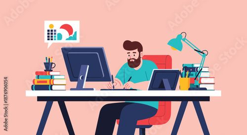 Professional male graphic designer working at a desk with a computer drawing tablet and books in a modern creative workspace.