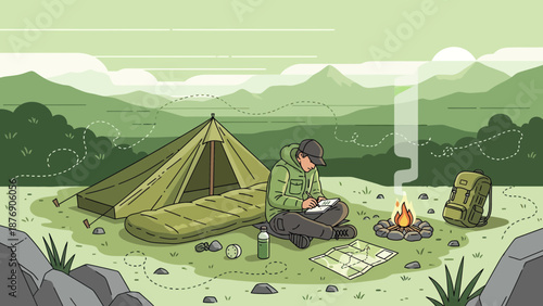 Man Enjoying Solitude: Writing Journal Near Tent And Campfire In The Wilderness