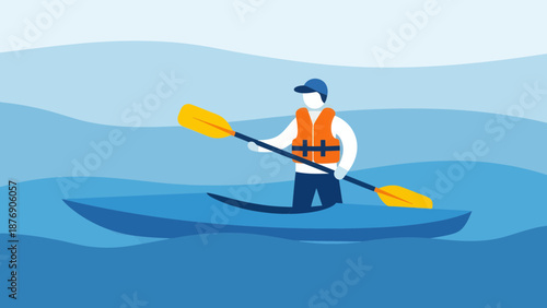 Man Kayaking On Water Wearing Safety Vest With A Paddle Illustration