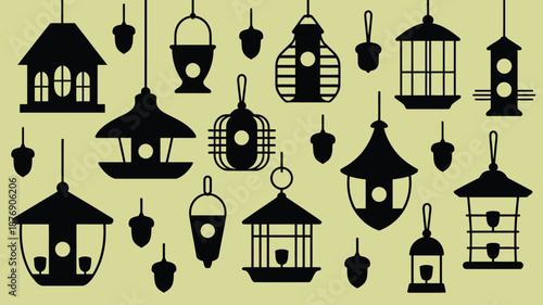 Various bird feeders and acorns on a pale background