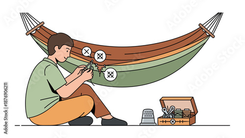 Man Mending His Hammock On Leisure Time With His Toolkit At Home Relaxing