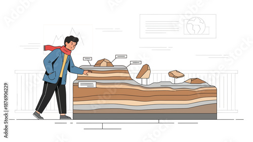 Man Explores Geology at Museum With Display of Earth Layers and Rock Samples
