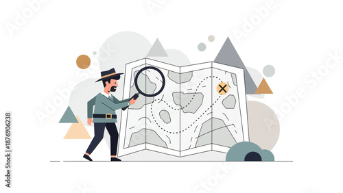 Man Explore Territory With Map Using Magnifying Glass Adventure Seeker