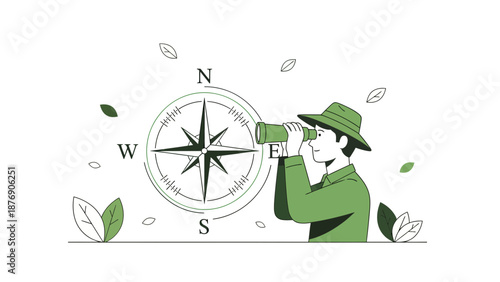 Man Exploring Direction with Telescope and Compass for Travel Journey Destination