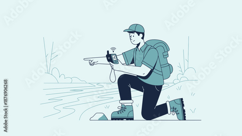 Man Exploring Nature Using Gps For Outdoor Adventure And Location Guidance