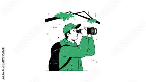 Man Exploring Nature With Binoculars In Minimalist Style Vector Illustration