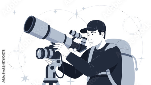 Man Observes Stars With Telescope Astronomy Exploration Skywatching Vector Illustration