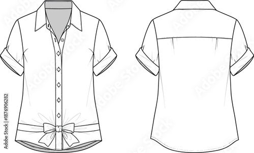 Women’s short sleeve blouse technical fashion flat sketch with front and back view, button up shirt outline template with bow detail, isolated on white background.