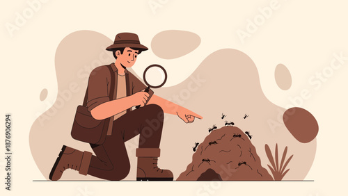 Man Observing Ants on an Anthill With Magnifying Glass Illustration