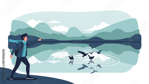 Man Observing Birds on Lake Scenery Background Landscape Illustration