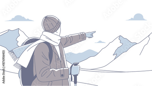 Man On Mountain Hike, Adventure Towards Scenic View, Pointing, Discovery