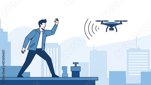Man On Skyscraper Communicating With a Drone In The City Environment