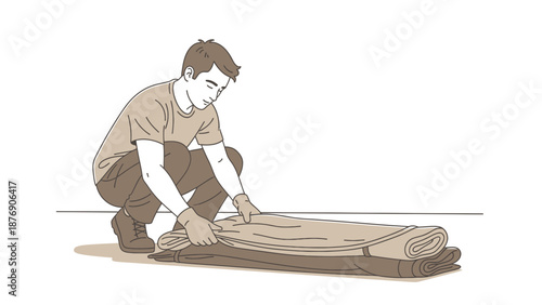 Man Folding Canvas Tarp for Protection Against Weather Elements Minimalist Style