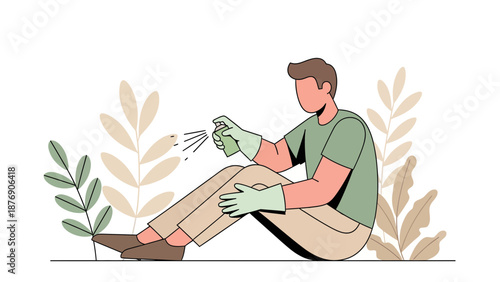 Man Gardening Spraying Plants For Bugs Pests And Insects Prevention Illustration