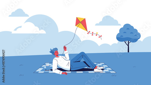 Man Flying Kite On A Picnic Blanket Outdoors Enjoying Leisurely Summer Day