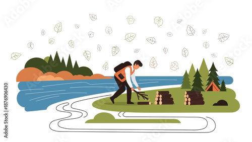 Man Gathering Firewood Near River For Camping Adventure In Minimalist Landscape