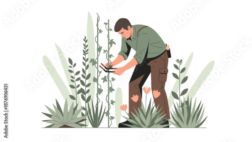 Man Gardening Trimmed Plants In The Garden In A Warm Sunny Day