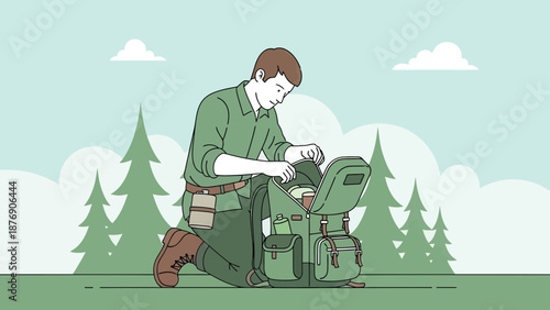 Man Packing Backpack For Outdoor Adventure In Forest Landscape Illustration