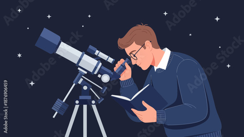 Man Gazing At Stars Through Telescope While Consulting A Book At Night